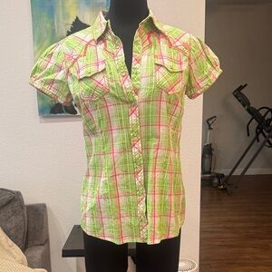 Ariat Lime Green & Pink Plaid w silver accent stripes M short sleeve